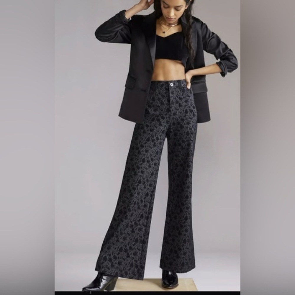 Anthropologie Maeve Jacquard Black Gray Floral Paisley Flare Wide Leg Pants 6